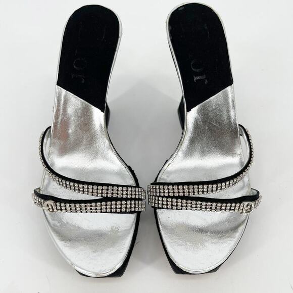 Dior Vintage Y2K Black Silver Crystal Logo Platform Wedge Sandal Mule EU 37.5 - Picture 6 of 15